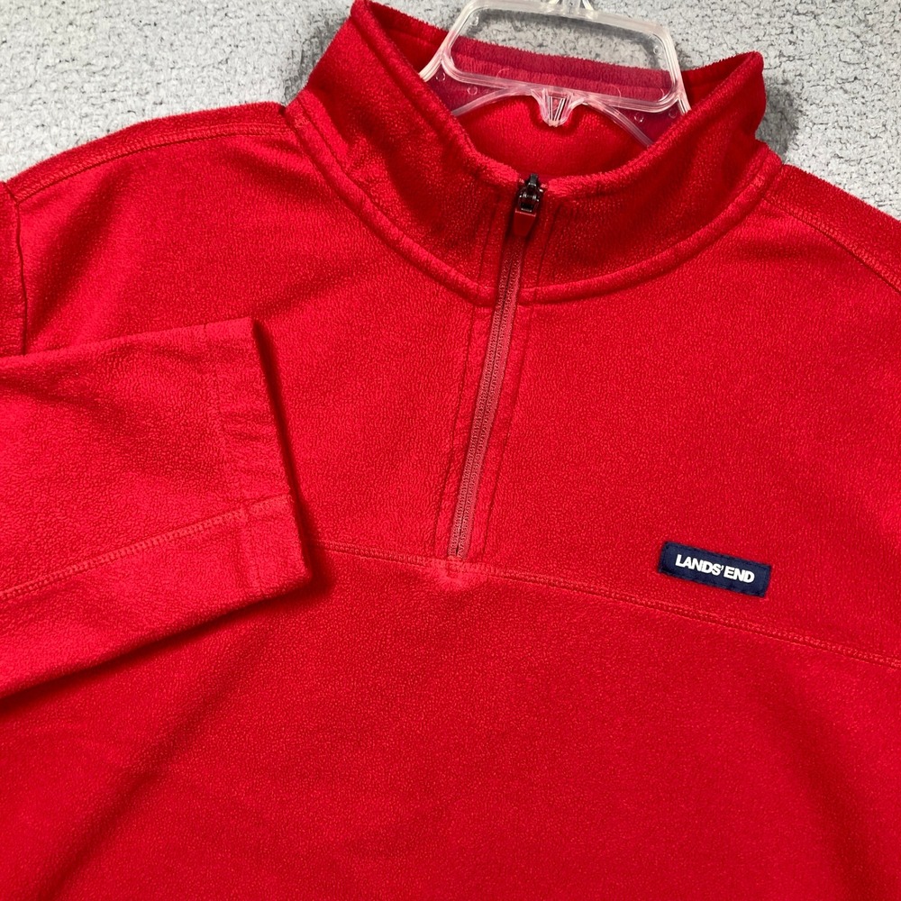 Lands' End Fleece Pullover Mens XL Red Quarter Zip Mock Neck Long Sleeve Logo